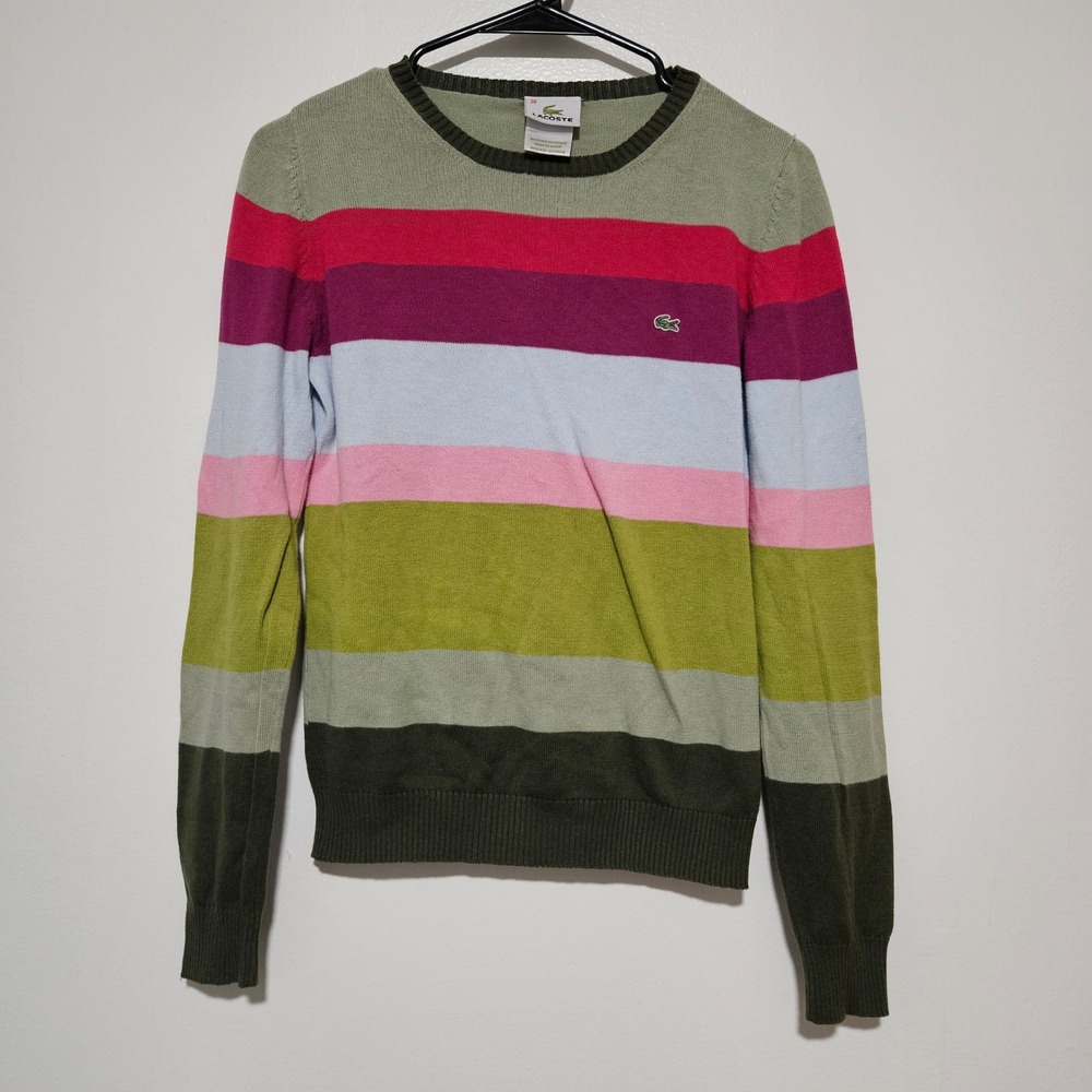 Lacoste Womens Multi Color Striped Crewneck Sweater Long Sleeve Green Pink 38